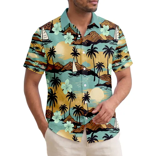 Silhouette Palm Trees Island Sailboats Tropical Flowers Sun - Home Decor Gift Hawaiian Shirt