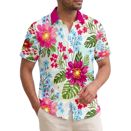 Tropical Plumeria Monstera Palm Wildflower Fuchsia Bloom - Boho Lifestyle Home Decor Hawaiian Shirt