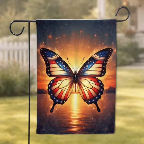 American Flag Butterfly Sunset - Independence Day Gift for Proud Americans Garden Flag