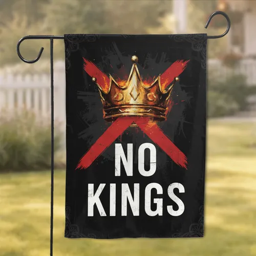 NO KINGS Text Crossed Crown Aged Gold - Rebel Statement Home Decor Garden Flag