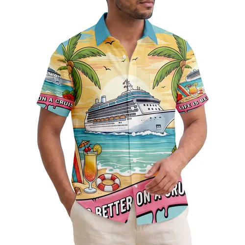 Cruise Ship Tropical Beach Palm Trees Cocktail Surfboard - Vacation Travel Gift for Cruise Lovers Hawaiian Shirt