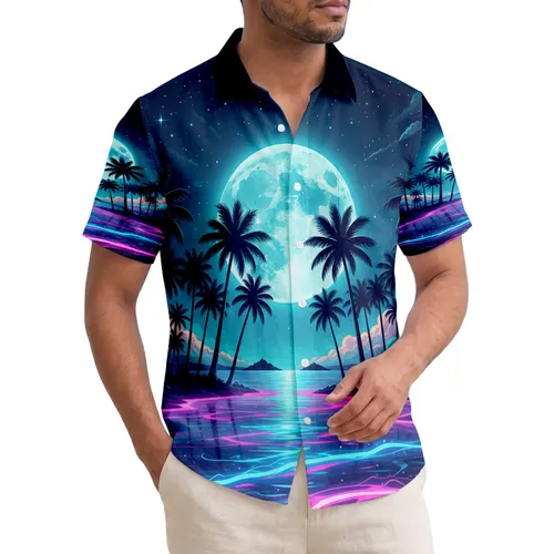 Moonlit Tropical Beach Palm Trees - Travel Gift for Beach Lover Hawaiian Shirt