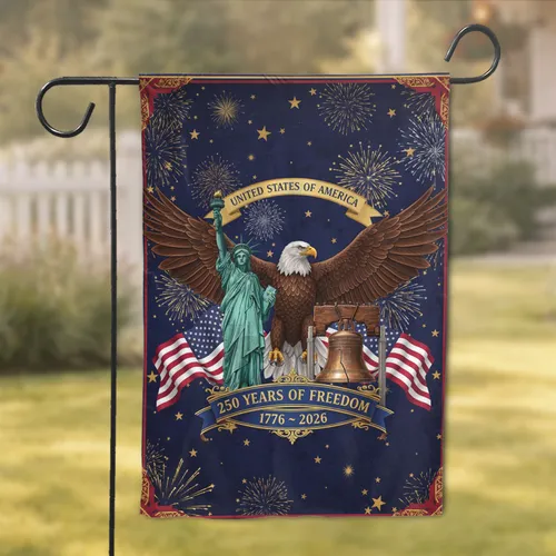 Bald Eagle Statue Liberty Bell - USA 250 Years of Freedom 1776-2026 Independence Day Garden Flag