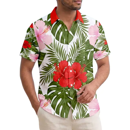 Lush Tropical Red Pink Hibiscus Palm Monstera Leaves - Home Decor Gift Hawaiian Shirt