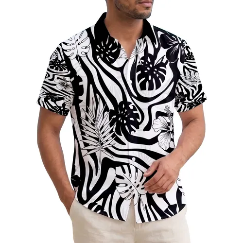 Black White Zebra Stripe Monstera Palm Leaf Hibiscus - Home Decor Gift Hawaiian Shirt