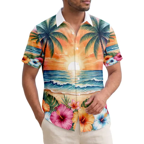 Vibrant Sunset Hibiscus Palm Trees Ocean Waves Shore - Tropical Home Decor Gift Hawaiian Shirt
