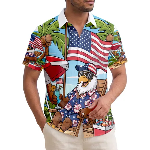 Patriotic Bald Eagle American Flag Tropical Beach - Independence Day Summer Vacation Hawaiian Shirt