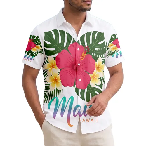 Fuchsia Red Hibiscus Plumeria Palm Fronds Maui HAWAII Text - Travel Essentials Gift Hawaiian Shirt