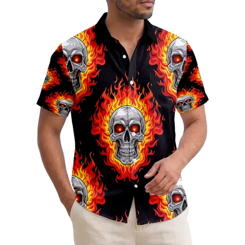 Metallic Human Skulls Glowing Eyes Fiery Flames - Gothic Tropical Home Decor Gift for Goth Fans Hawaiian Shirt