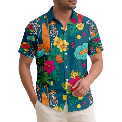 Tropical Skeletons Surfing Hibiscus Flowers - Beach Vacation Gift for Surfer Hawaiian Shirt