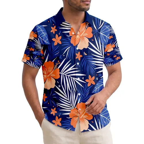 Orange Peach Hibiscus Royal Blue Tropical Leaves Palm Fronds - Summer Lifestyle Everyday Gift Hawaiian Shirt