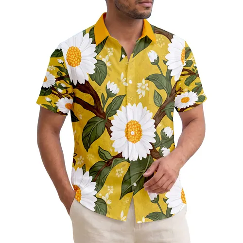 White Daisy Flowers Orange Centers Olive Leaves - Tropical Lifestyle Gift Hawaiian Shirt