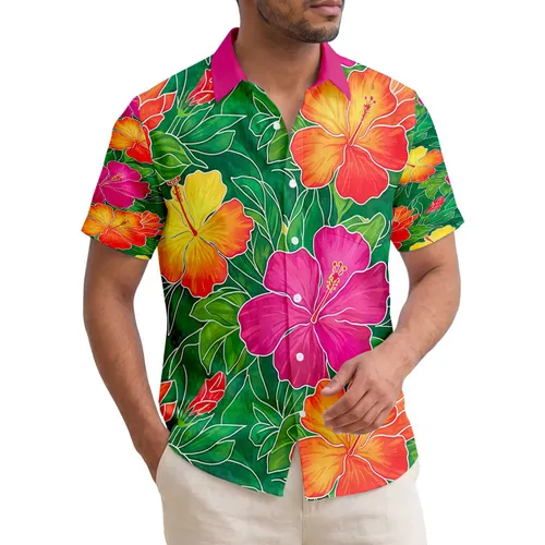 Hawaiian Tropical Hibiscus Flowers Lush Green Leaves - Botanical Home Decor Gift Hawaiian Shirt
