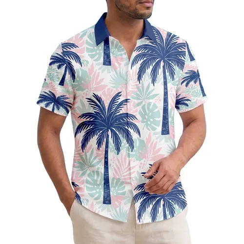 Dark Blue Palm Tree Pastel Pink Light Teal Tropical Leaves Vacation Lifestyle Travel Gift Hawaiian Shirt