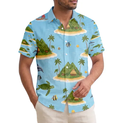 Tropical Islands Green Sea Turtles Dolphins Palm Trees - Ocean Lover Vacation Gift Hawaiian Shirt