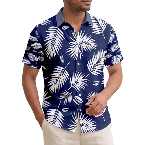 Tropical White Palm Fronds Navy Blue - Resort Wear Traveler Gift Hawaiian Shirt