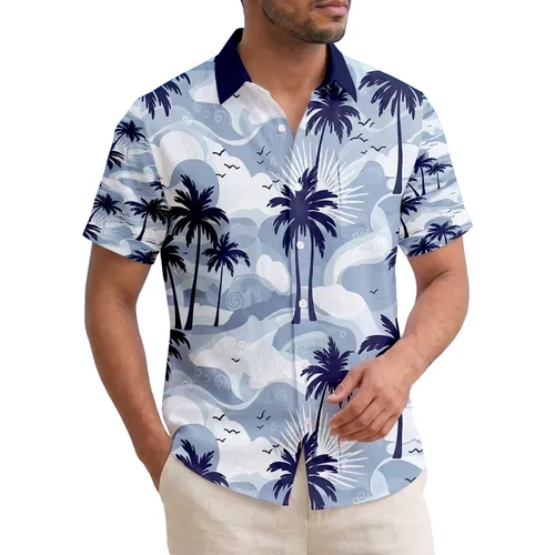Palm Trees Starburst Sun Ocean Waves Flying Birds - Coastal Home Decor Gift Hawaiian Shirt