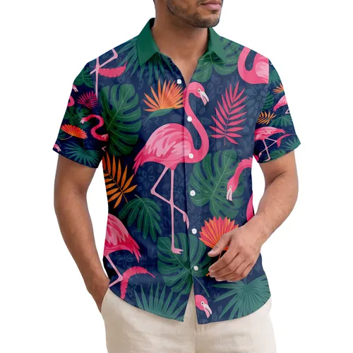 Vibrant Pink Flamingos Monstera Palm Fronds Navy Blue Tropical - Wildlife Lover Gift Hawaiian Shirt