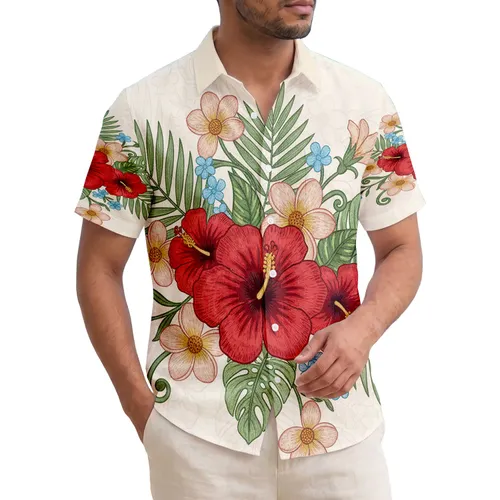 Tropical Plumeria Monstera Palm Green Leaf Red Peach Daisy Flowers - Tropical Home Decor Gift Hawaiian Shirt