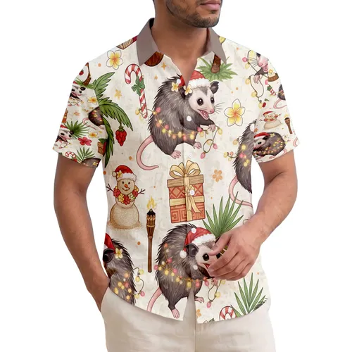 Opossum Santa Hat Glowing Tropical Lights Sandmen Palm Tree Christmas Gift Hawaiian Shirt