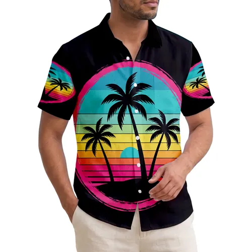 Palm Trees Island Sunset Ocean Horizon Distressed Circular Frame Home Decor Gift Hawaiian Shirt