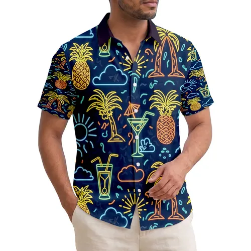 Neon Palm Tree Pineapple Martini Glass Sun Ocean Wave - Tropical Vacation Lifestyle Gift Hawaiian Shirt