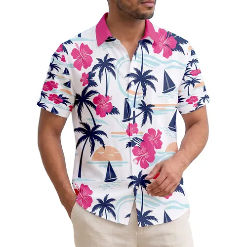 Tropical Navy Palm Trees Black Sailboats Pink Hibiscus Flowers - Home Decor Gift Hawaiian Shirt