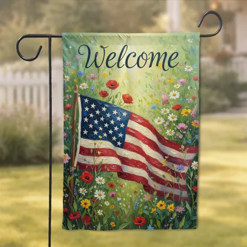 Welcome Elegant Script Distressed American Flag Summer Garden Wildflowers - Garden Home Decor Gift Garden Flag