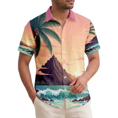 Volcanic Mountains Ocean Waves Palm Tree Sun Horizon - Tropical Island Home Decor Gift Hawaiian Shirt