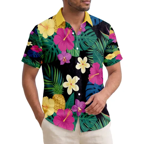 Hibiscus Plumeria Orchid Pineapple Monstera Palm on Black - Home Decor Gift Hawaiian Shirt