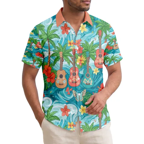Ukulele Palm Tree Hibiscus Ocean Waves Starfish - Home Decor Gift for Tropical Lover Hawaiian Shirt