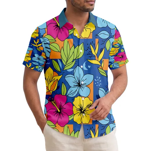 Tropical Flowers Leaf Forms Magenta Pink Blue Yellow Green - Home Decor Gift Hawaiian Shirt