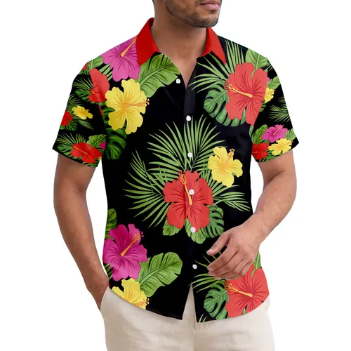 Black Background Hibiscus Flowers Palm Monstera Banana Leaves Summer Vacation Gift Hawaiian Shirt