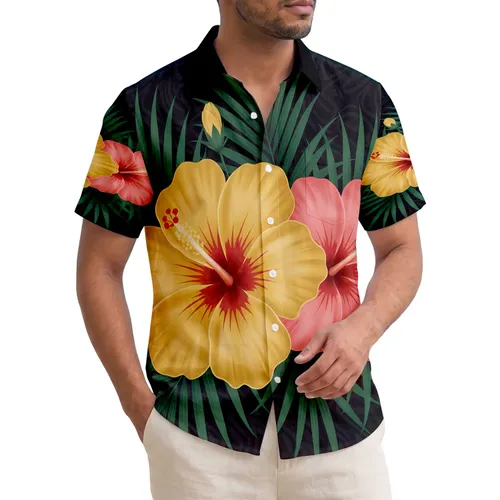 Golden Yellow Coral Pink Hibiscus Tropical Palm Leaves - Home Decor Gift Hawaiian Shirt