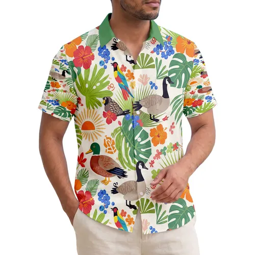 Mallard Geese Quails Pheasants Songbirds Tropical Palm Hibiscus - Wildlife Lover Gift Hawaiian Shirt