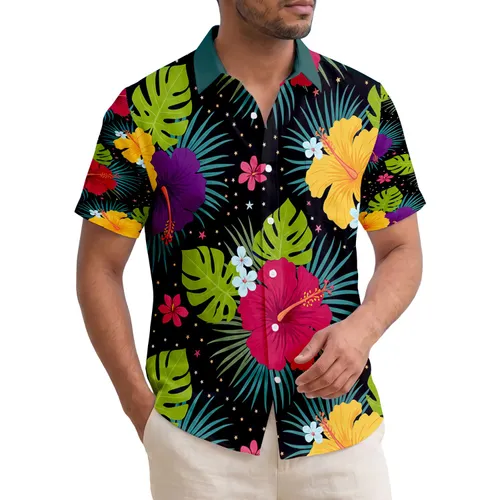 Black Background Hibiscus Palm Fronds Monstera Tropical Home Decor Gift Hawaiian Shirt