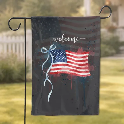 Welcome Home American Flag Blue Ribbon Bow - Entryway Home Decor Housewarming Gift Garden Flag