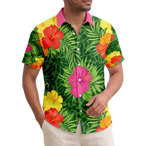Hibiscus Flowers Tropical Foliage Green Leaves - Home Decor Gift Hawaiian Shirt