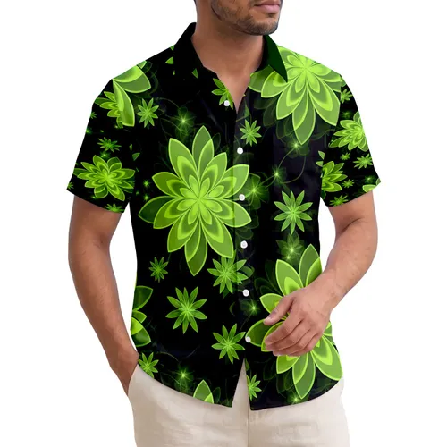 Glowing Green Fractal Leaves Starburst Tropical Swirl - Everyday Lifestyle Gift Hawaiian Shirt