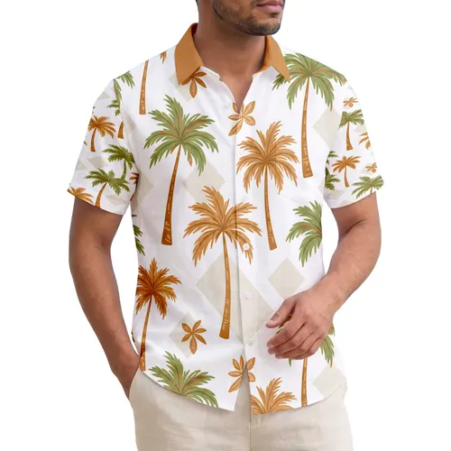 Olive Green Brown Palm Trees Beige Diamond Shapes - Tropical Lifestyle Home Decor Gift Hawaiian Shirt