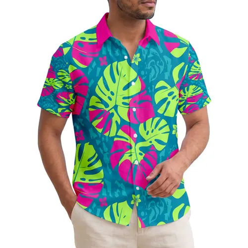 Split-Leaf Philodendron Monstera Leaves Neon Pink Green - Tropical Lifestyle Home Decor Gift Hawaiian Shirt