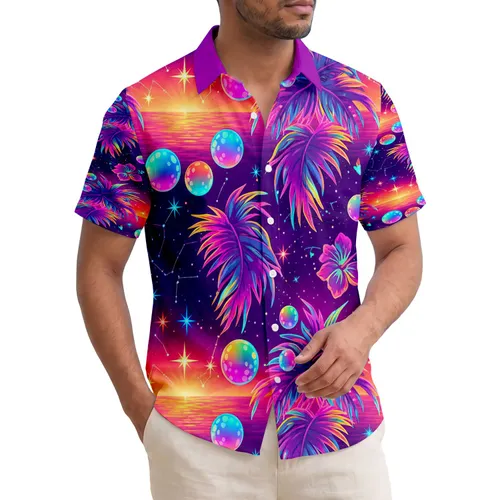 Rainbow Palm Fronds Cosmic Planets Ocean Sunset - Tropical Vacation Traveler Gift Hawaiian Shirt