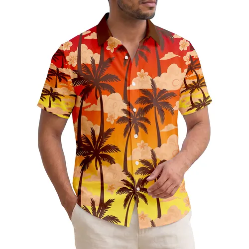 Palm Tree Silhouettes Glowing Clouds Gradient Sunset - Tropical Vacation Getaway Gift Hawaiian Shirt