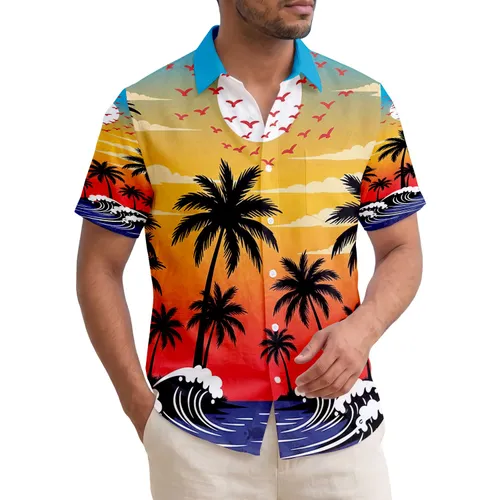 Sunset Palm Trees Ocean Waves Red Birds - Tropical Getaway Gift Hawaiian Shirt