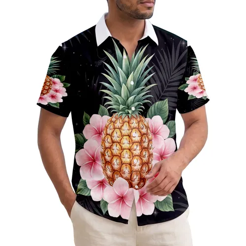 Golden Pineapple Pink Tropical Flowers Hibiscus Palm Fronds Stars - Vacation Lifestyle Hawaiian Shirt