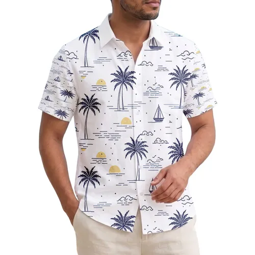 Tropical Palm Trees Sailboats Sun - Beach Vacation Gift for Travelers Hawaiian Shirt