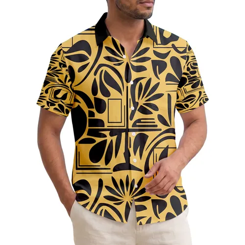 Black Geometric Tropical Leaves Island Forms Tropical Getaway Gift Hawaiian Shirt
