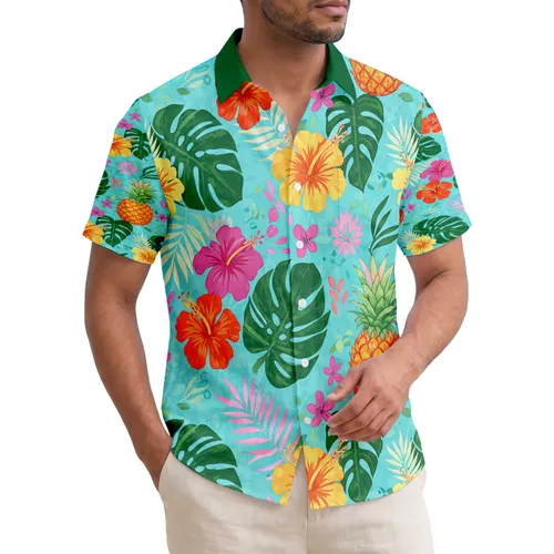 Ripe Pineapple Blooming Hibiscus Tropical Palm Frond - Summer Getaway Travel Essentials Gift Hawaiian Shirt