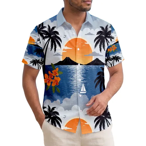 Setting Sun Palm Trees Sailboats Volcanic Islands Orchids - Tropical Home Decor Gift Hawaiian Shirt
