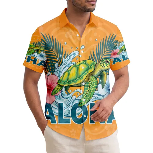 ALOHA Sea Turtle Hibiscus Palm Frond - Tropical Lifestyle Wildlife Lover Gift Hawaiian Shirt
